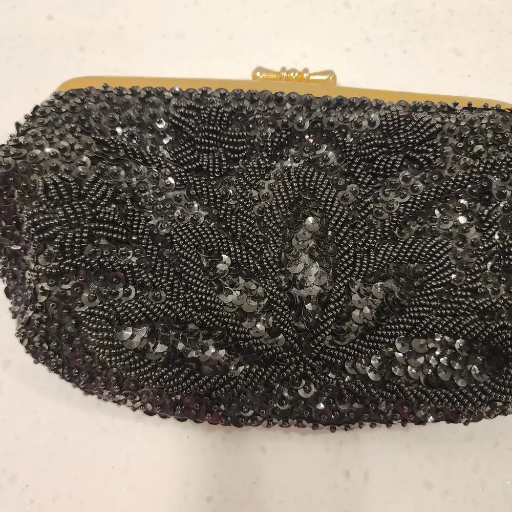 Vintage Black Beaded & Sequin  Gold Trim Small Clutch Purse-party- wedding